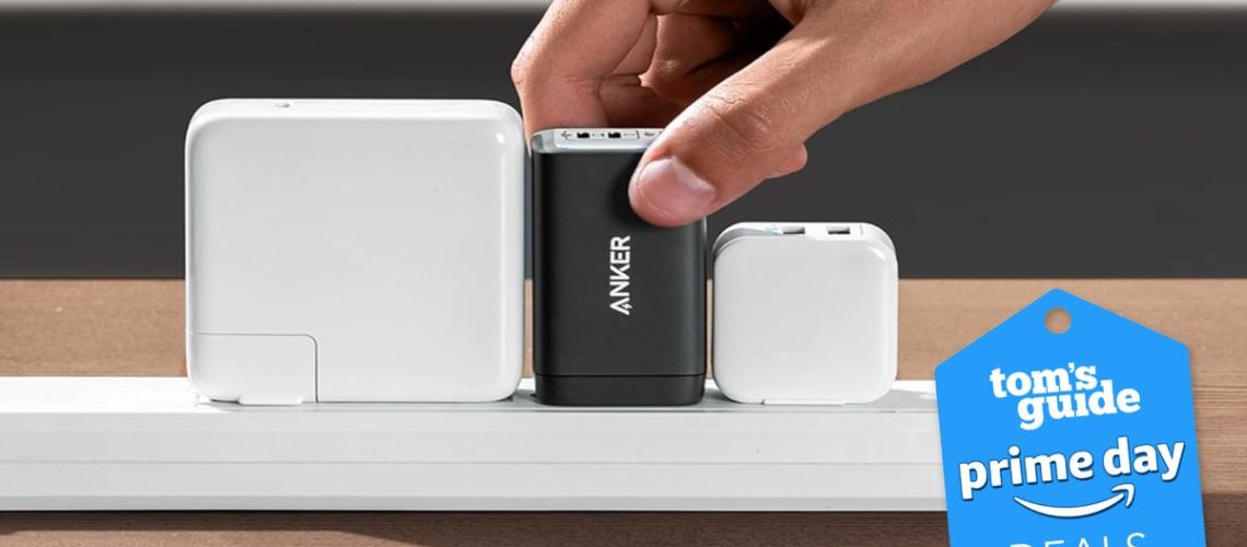 Anker Nano plugged into power strip next to standard chargers
