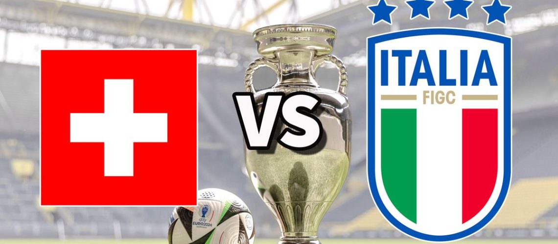 The Switzerland and Italy club badges on top of a photo of the Euro 2024 trophy and match ball