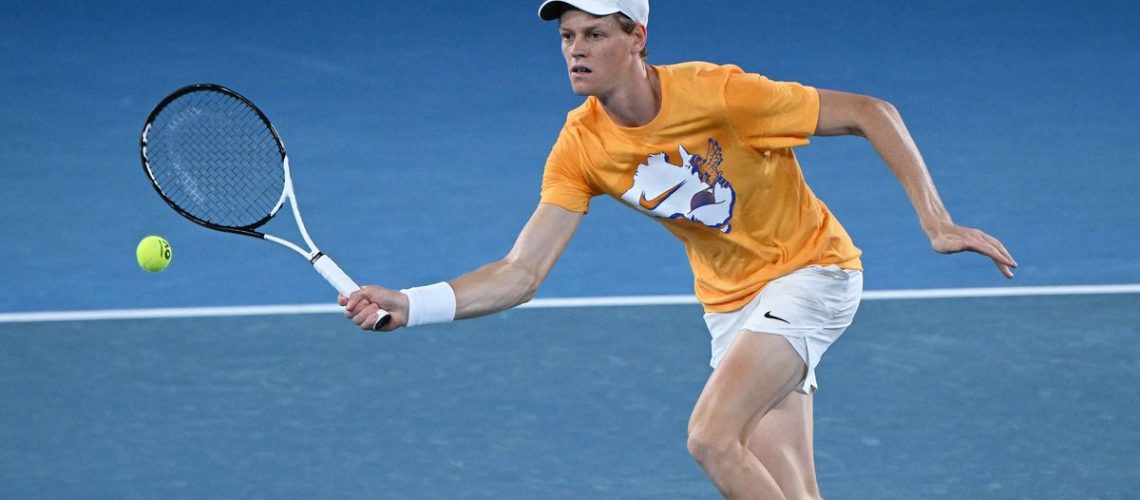 Italy's Jannik Sinner hits a return during a practice session in Melbourne ahead of the Australian Open 2025