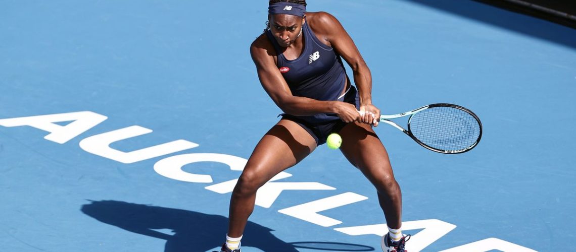 Coco Gauff of United States plays a shot in on the blue court at the 2024 Auckland Classic at the ASB Tennis Centre in Auckland, New Zealand.
