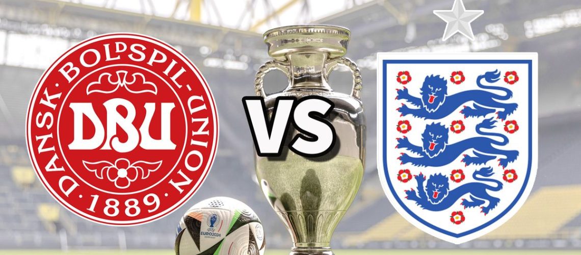 The Denmark and England club badges on top of a photo of the Euro 2024 trophy and match ball