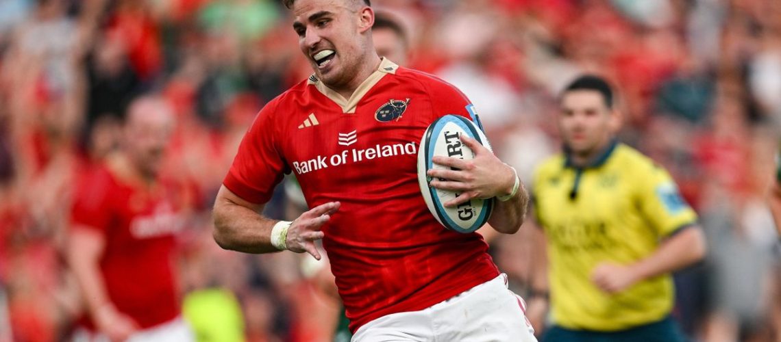 Shane Daly of Munster on the way to scoring his way into the United Rugby Championship 2023-24 final round