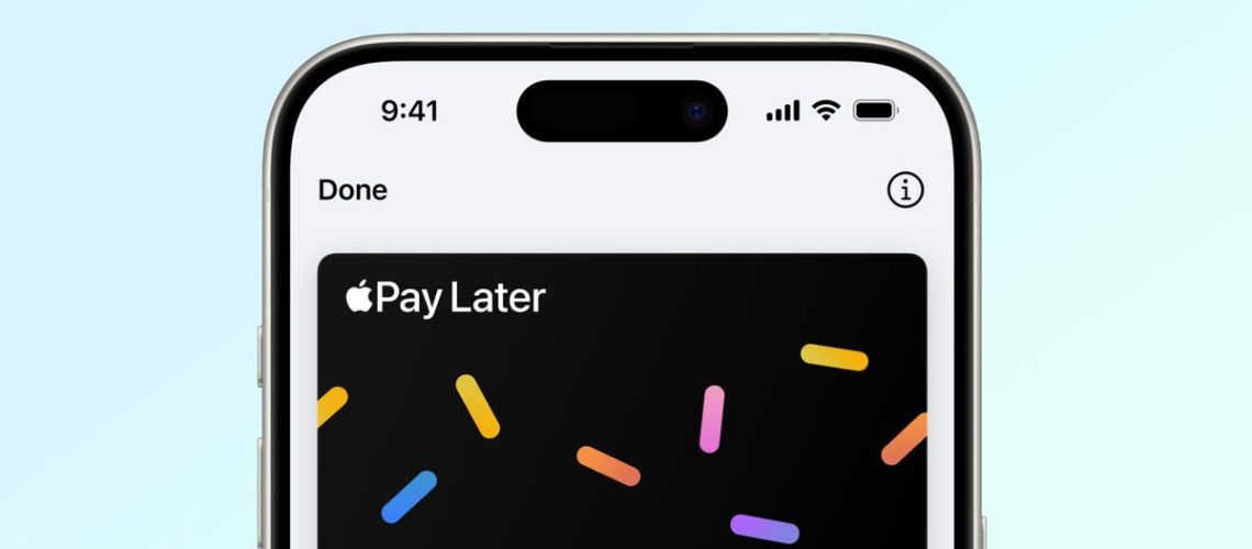 apple pay later screenshots on blue background