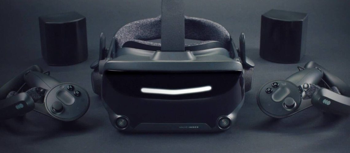 Valve Index VR headset next to controllers