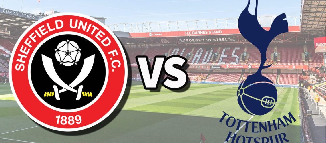 The Sheffield United and Tottenham Hotspur club badges on top of a photo of Bramall Lane stadium in Sheffield, England