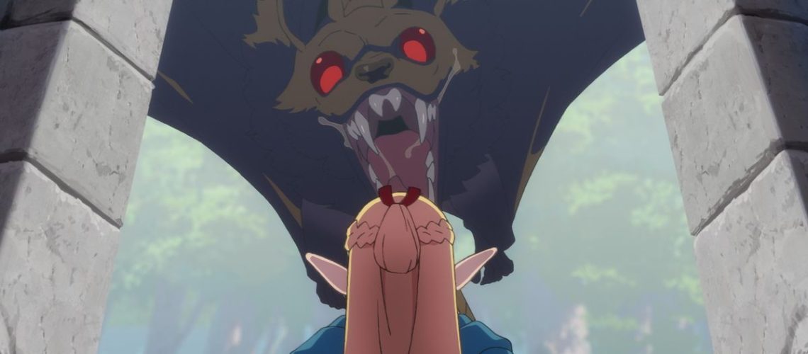 A giant bat swoops down, mouth open, at Marcille in a still from the fantasy Netflix anime,