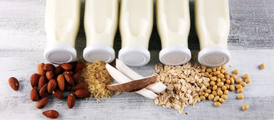 Various vegan plant based milk alternatives and ingredients. Dairy free milk substitute drink, healthy eating.