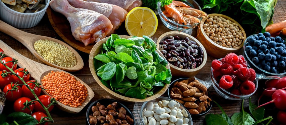 Food products representing the MIND diet created to reduce dementia and the decline in brain health.